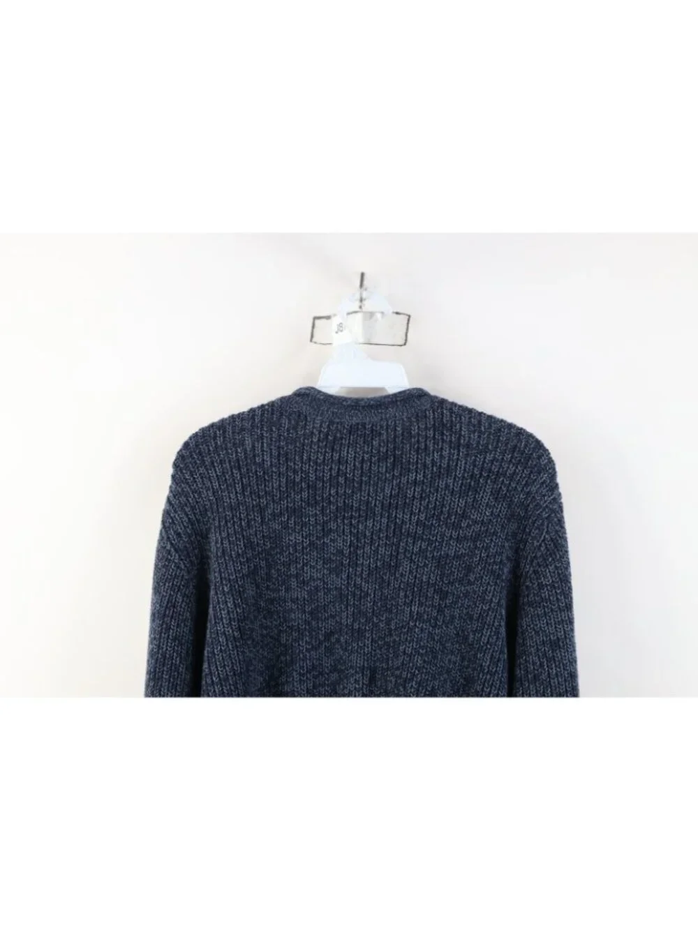 Vtg 90s LL Bean Mens Large Blank Marled Ribbed Knit Henley Sweater Blue Cotton